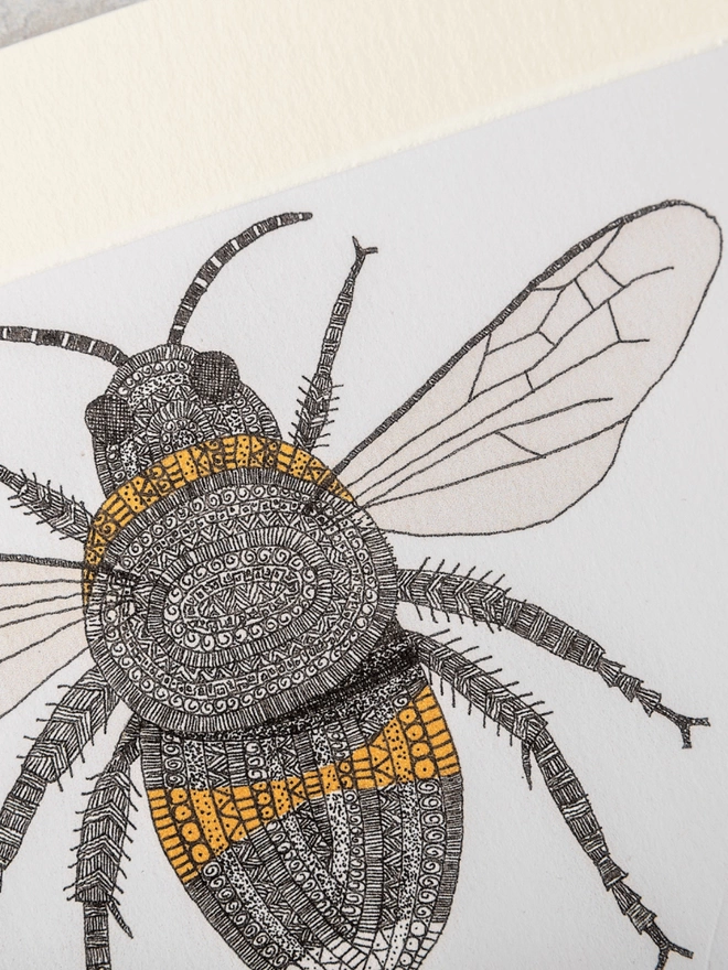 Print of intricately patterned pen and watercolour drawing of a bee, in a soft white mount
