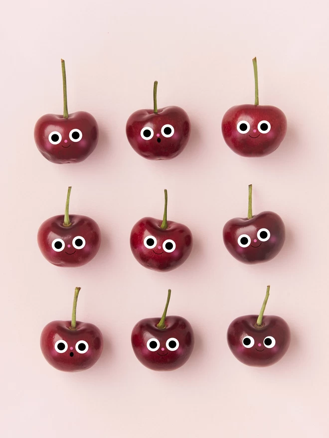 9 Cheerful Cherrys on a pink background 