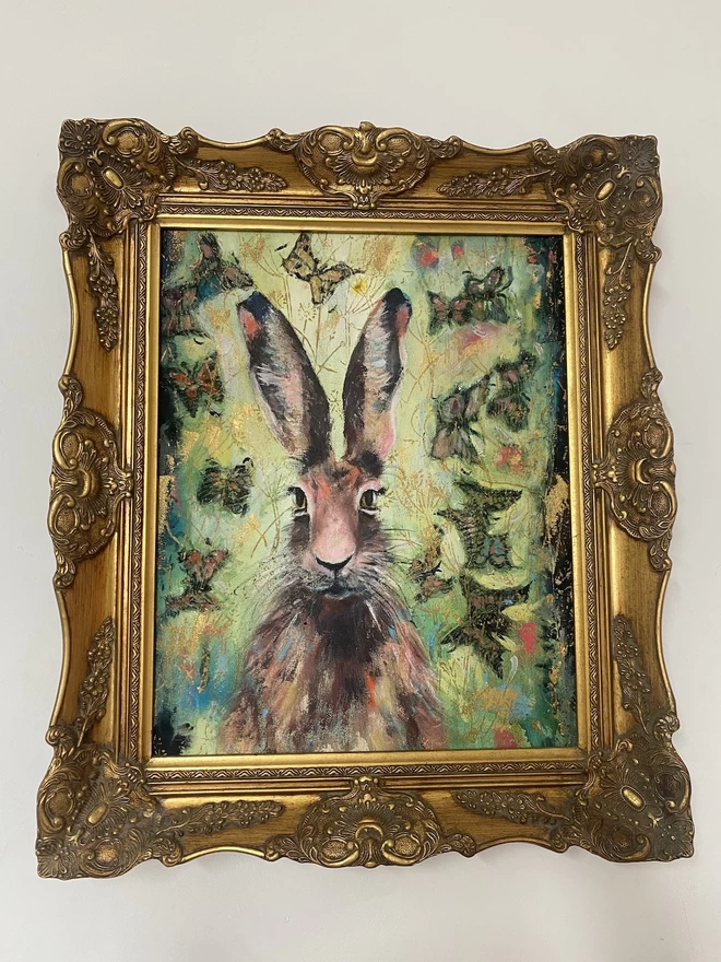 Hare and Butterflies in Gold Frame