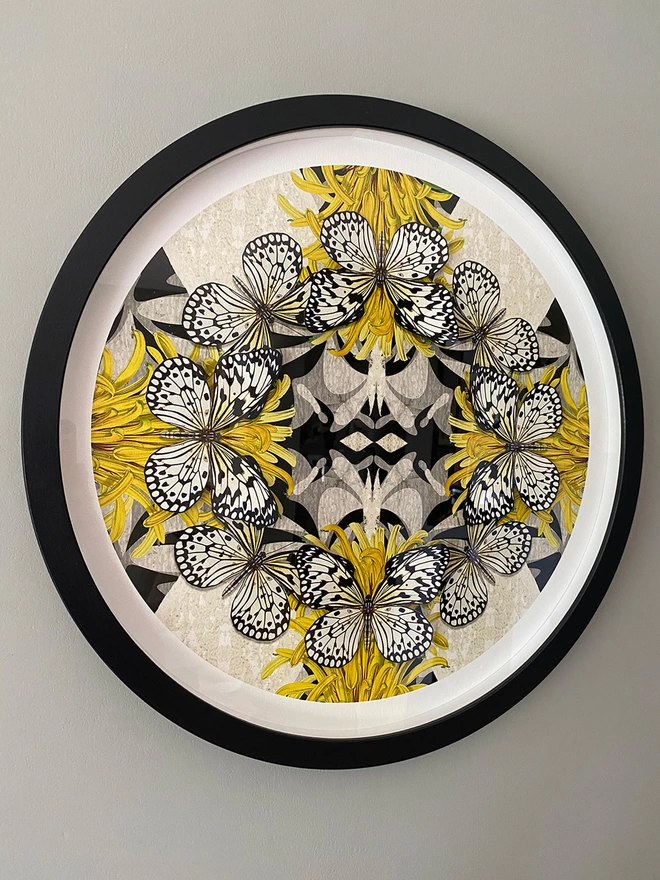 Circular frame with butterfly art on wall