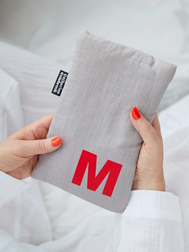 Grey linen cute hot water bottle with red letter