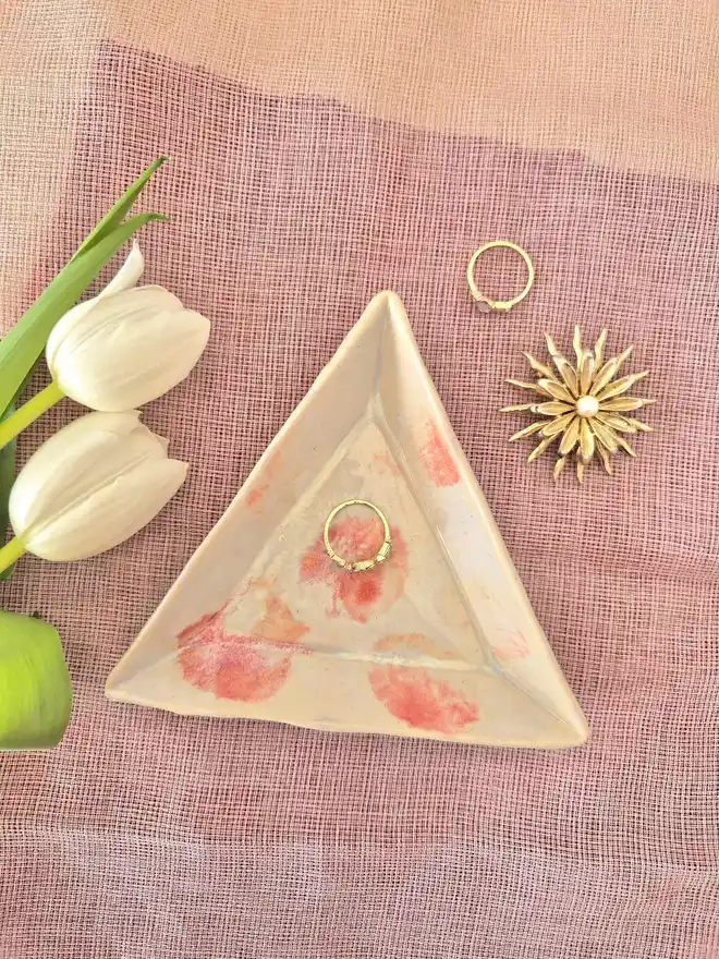 Pink and white triangle jewellery dish, trinket dish, Jenny Hopps Pottery