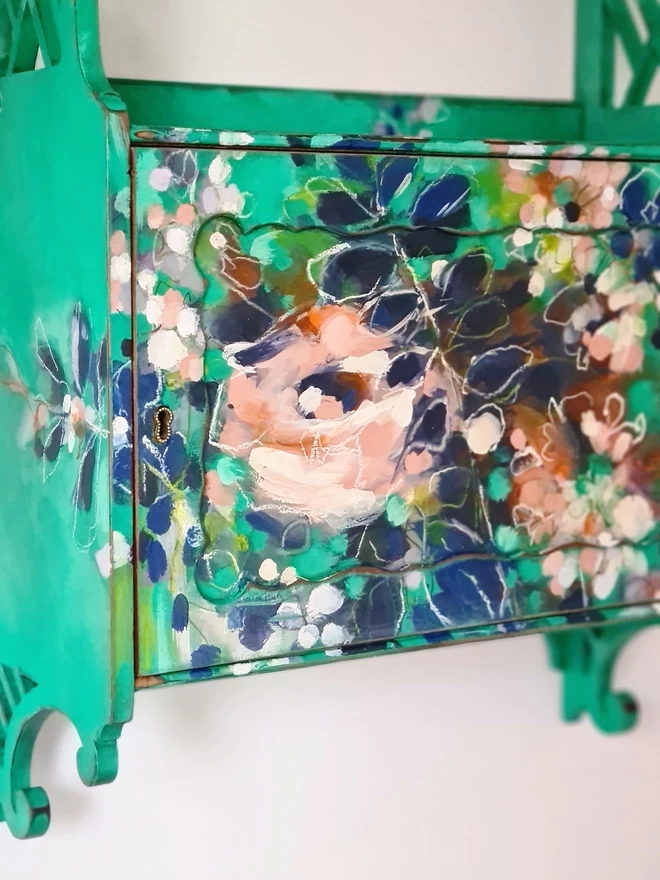 Green upcycled floral wall shelf with hand painted roses art