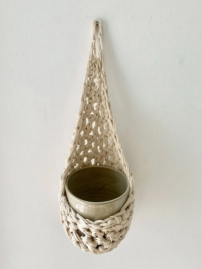 large cream ivory indoor hanging wall planter plant basket handmade porch decor crochet boho eco friendly natural plant styling wall pot holder out door