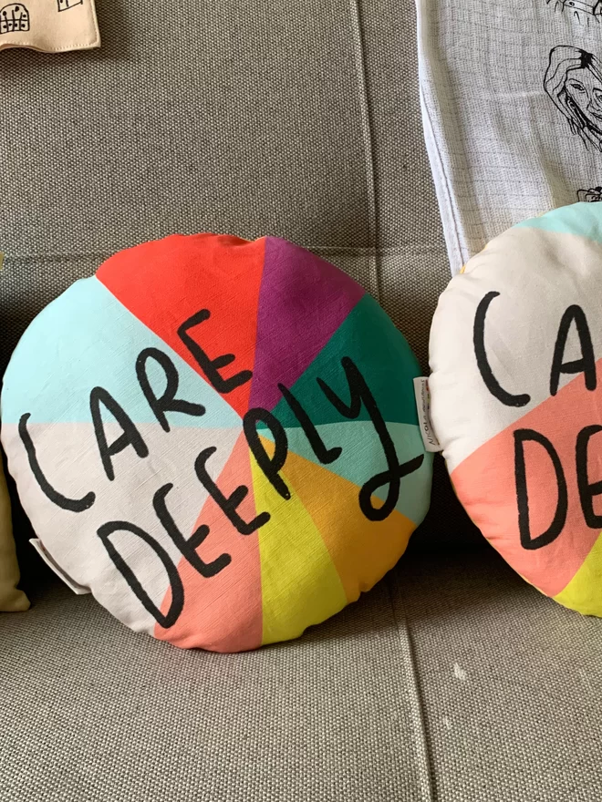 Care Deeply written on a beautiful coloured organic cotton linen plushie.
