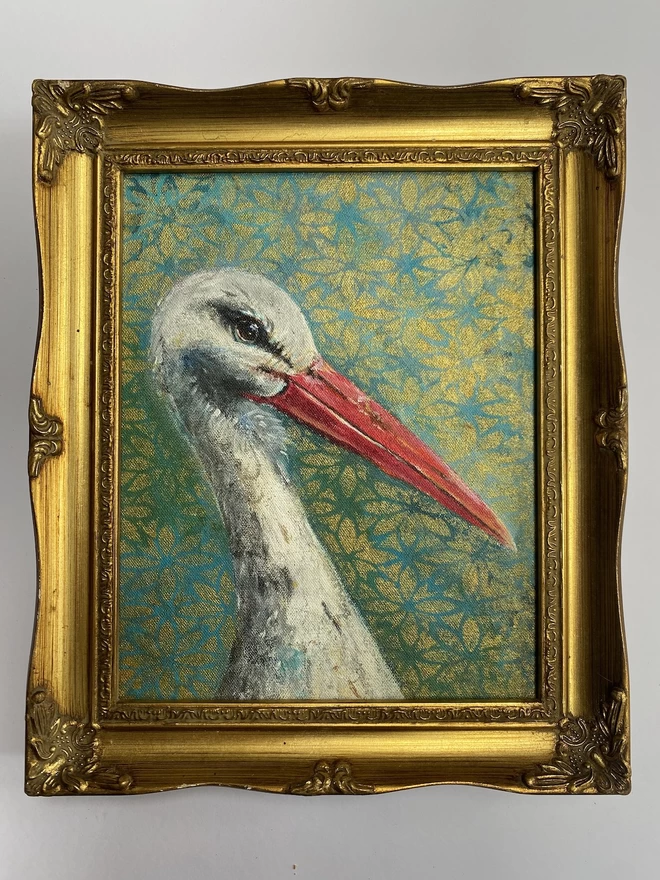 White stork painting in vintage frame