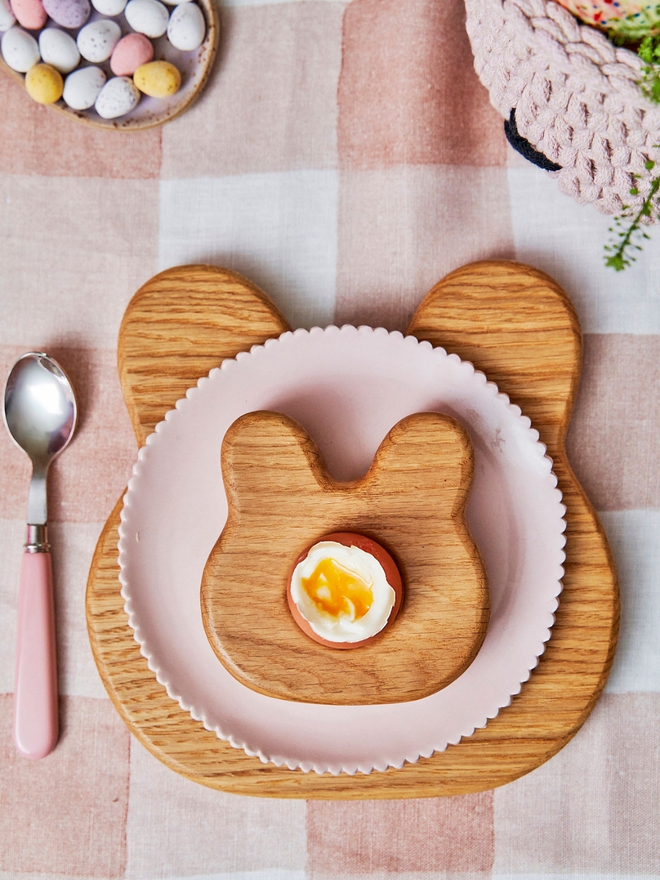 Breakfast Set Bunny Toast Board & Egg Cup birds eye view with an egg resting in the egg cup