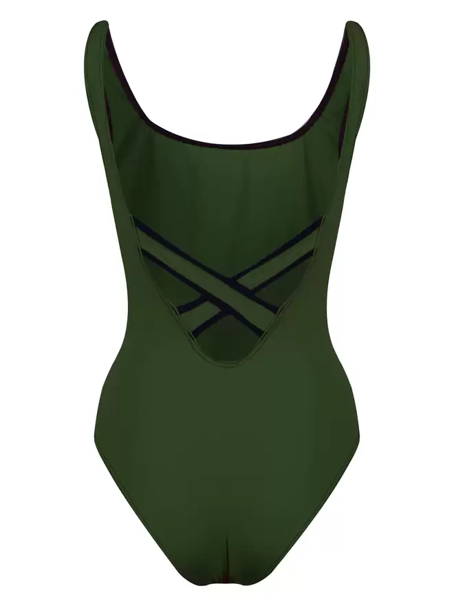 Back view of Davy J sustainable waterwear olive green classic crossback swimsuit on white background