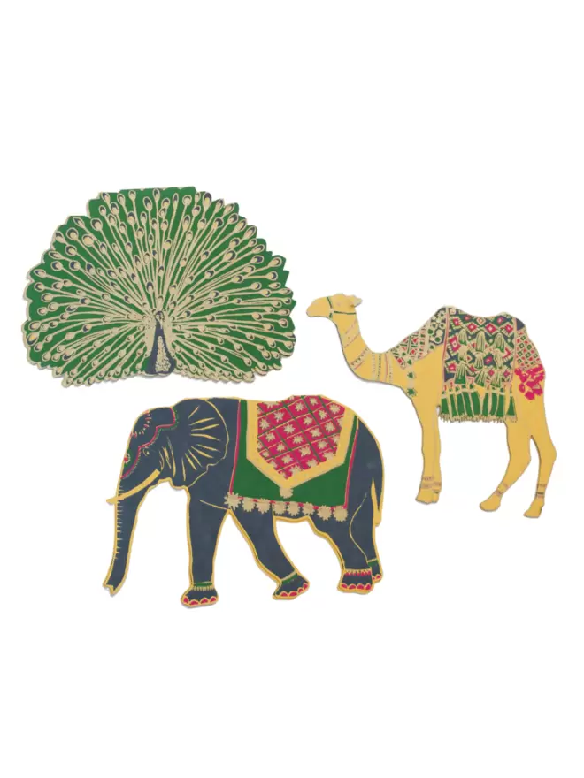 White cut-out shot: elephant, camel and peacock greeting cards