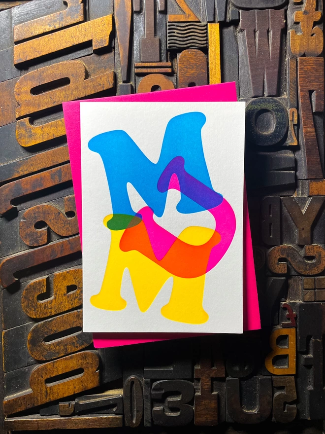 A letterpress print perfect for Mother's day. Printed on my 1915 Arab Crown Folio Press. Using vibrant cyan, magenta and yellow inks creates a striking overlay of colours using a deep impression print. Range of matching colours envelopes, hot pink.