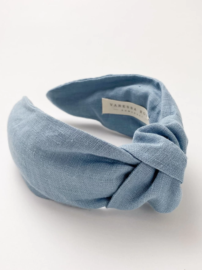 Blue Linen hairband for women with chic top knot