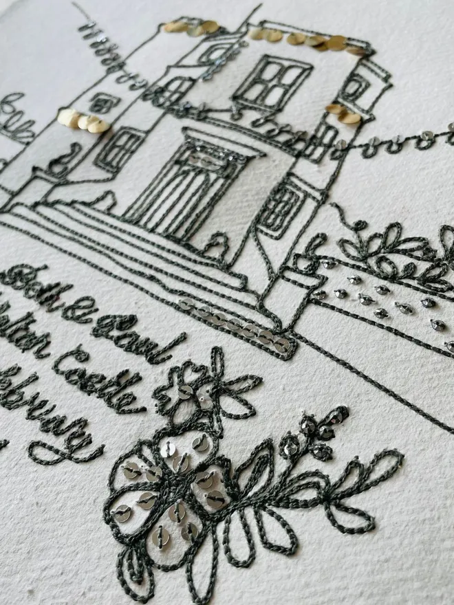 Embroidered Wedding Venue Keepsake With Sequins
