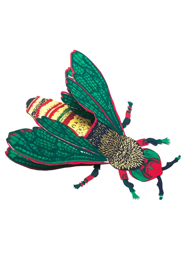 Close-up, detailed shot: 3D red and green wasp card