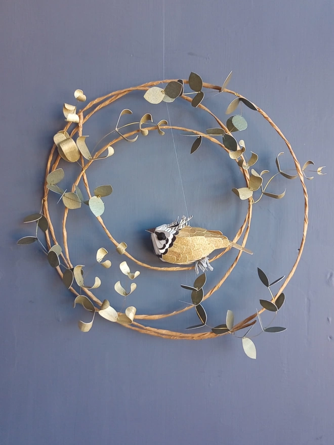 crested tit on a leafy wreath wall hanging