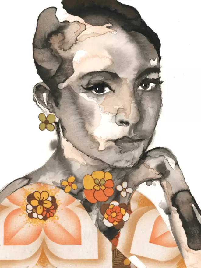 this image shows the main image of the portrait, without the border. A woman looks at the viewer, her hand under her chin. She is adorned with 1960s style pattern. 