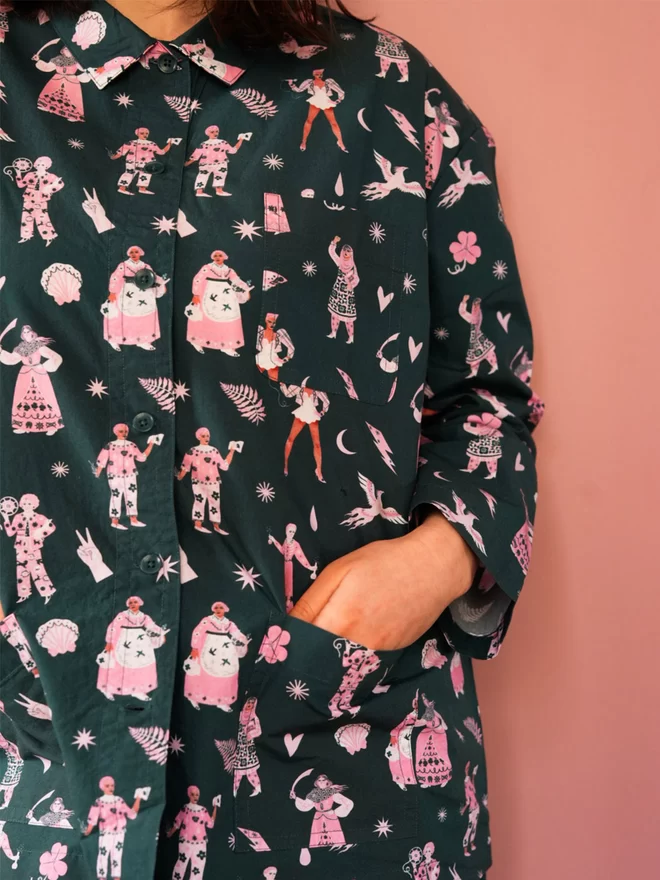 Model in Black & Beech Forest Green Iconic Women Pyjama Set feature pink iconic women