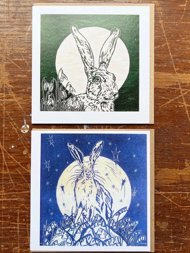 pair of hare and flower cards. snowdrops and harebell 