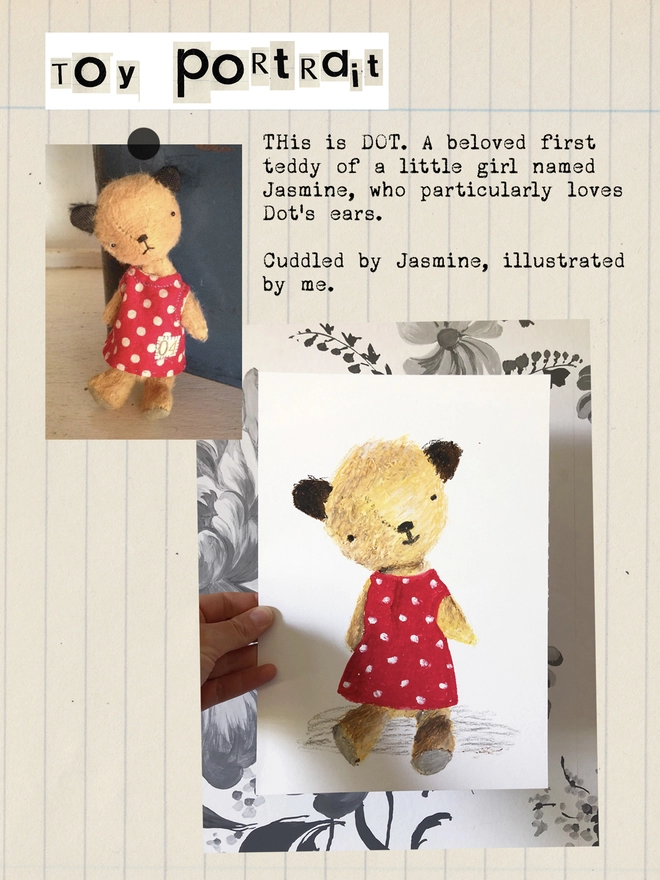 sketchbook page with photograph of bear toy in red dotty dress and drawing of bear toy against black and white floral wallpaper