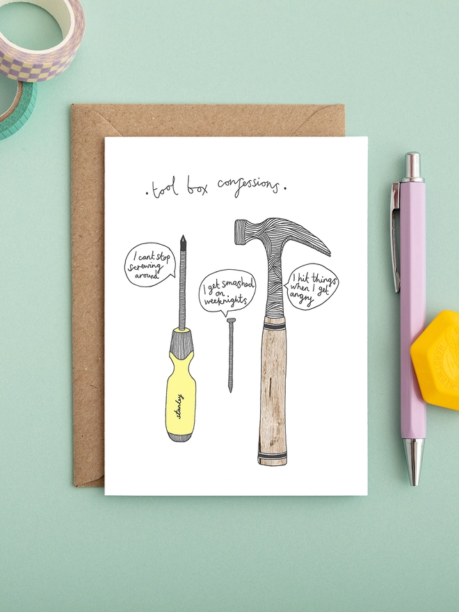 funny and humorous greeting card featuring a tool/DIY box making jokes 
