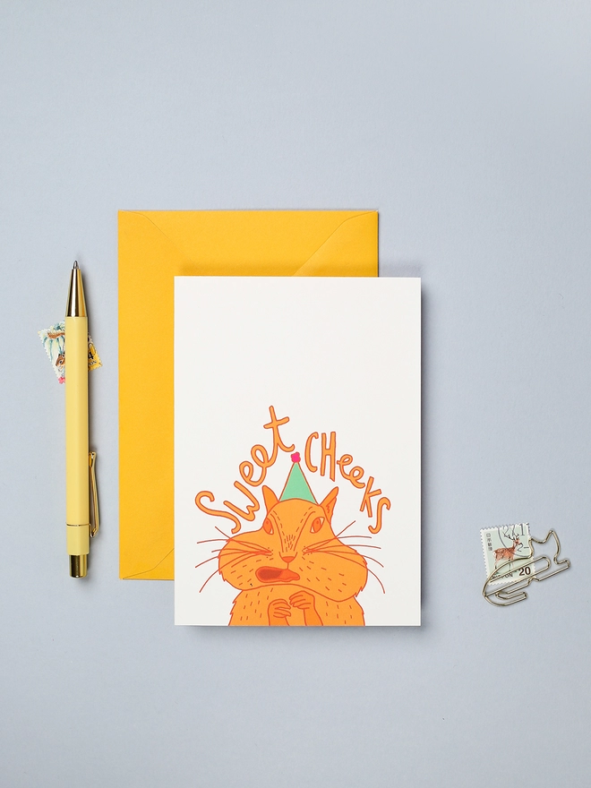 Bright and colourful birthday card featuring a sweet chipmunk  