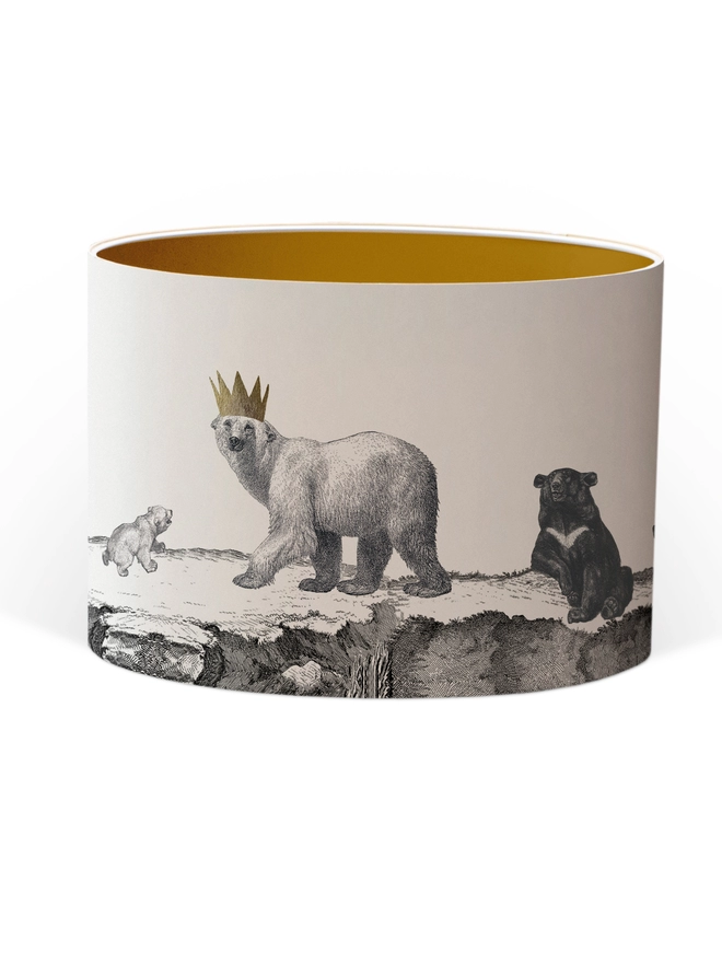 Drum Lampshade featuring bears with a Gold inner on a white background