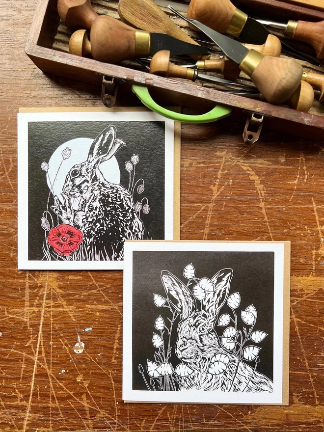 pair of hare and flower cards poppy and lunaria honesty