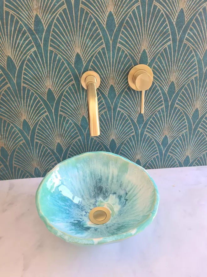Handcrafted ceramic bathroom basin, J.Hopps Pottery, Jenny Hopps, Bathroom basin, sink, wc, ensuite, homeware, bathroom decor, pottery, blue, green, gold taps and green wallpaper, art deco