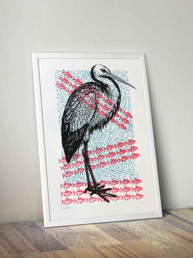 Stork By The River - Screen Printed Poster - mock up in a frame