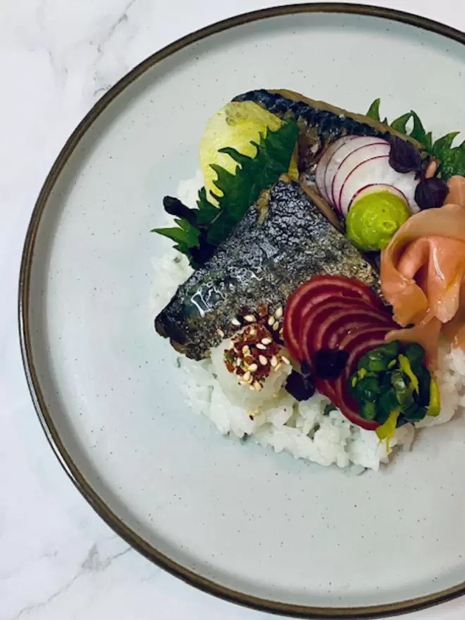 beautiful poke plate with mackerel togarashi  