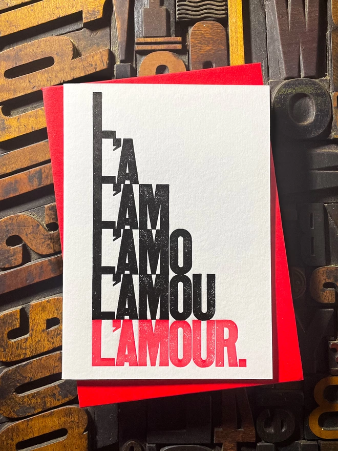 LOVE. Perfect to send a special message to a loved one. Printed with my own fair hands. The card is hand-fed into the press for both colour passes. Striking colours using a deep impression print. Range of matching colours envelope. Typographic lovers