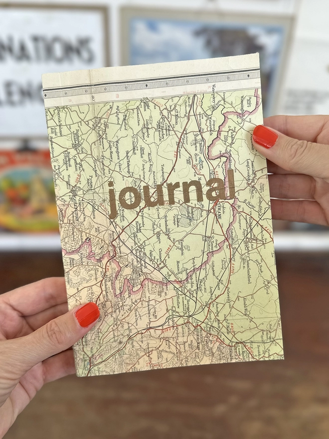 Linen map journal with vintage map cover and gold letterpress type