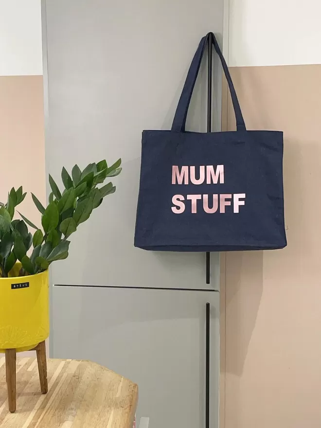 Denim mum stuff bag with rose gold lettering