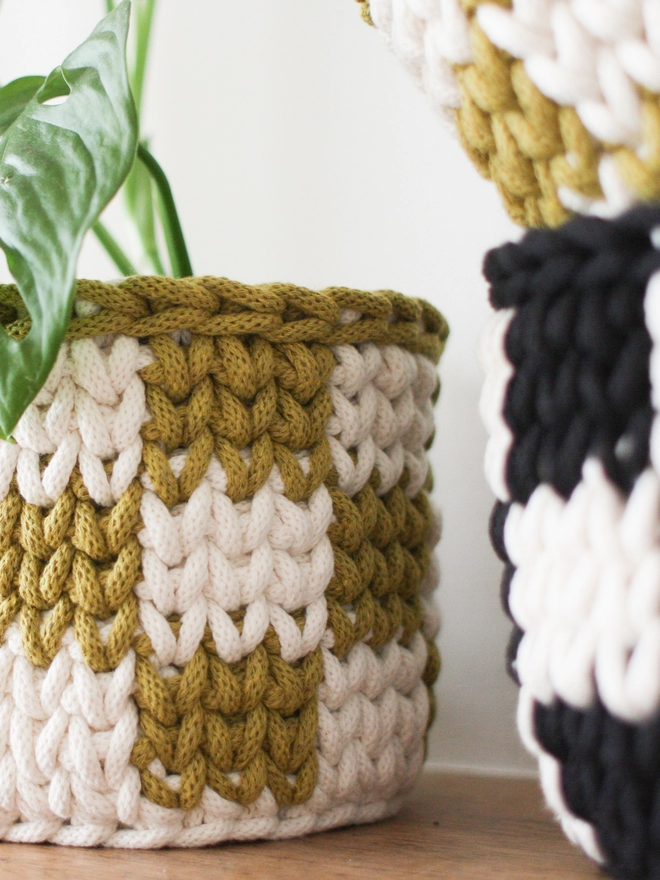 Crocheted rope yarn basket being used as a plant pot cover. Close up image of the yarn.