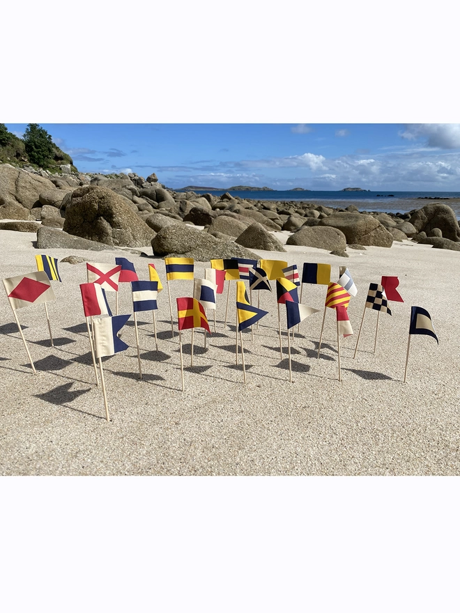 Some nautical code signal flags blowing on a beach
