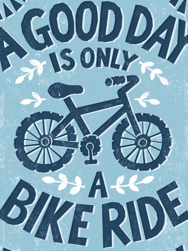 detail of blue cyclists bike ride print with blue bicycle and hand lettering