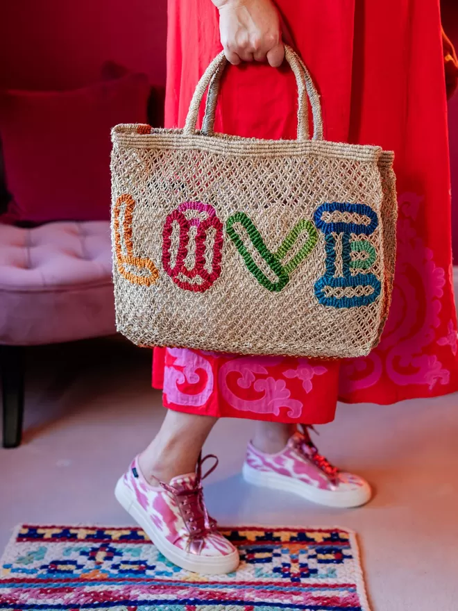Love multi-coloured jute tote bag
