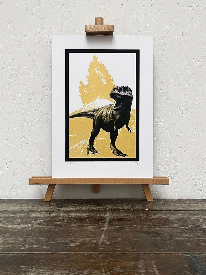 T Rex (Medium Gold) – Screen Printed Dinosaur Poster - on an easel