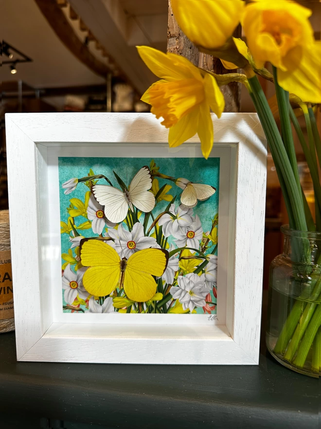 White box frame with floral print of narcissi daffodils and yellow forsythia blossoms next to a vase of daffodils on a dark green shelf.