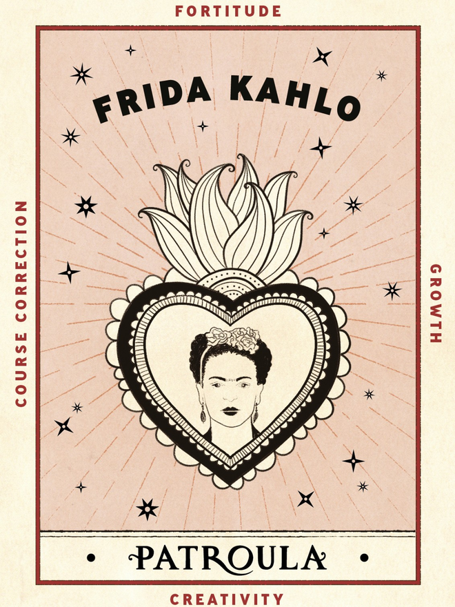 Pink and black illustrated Frida Kahlo postcard