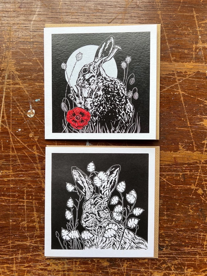 pair of black hare and flower cards poppy and lunaria honesty petals