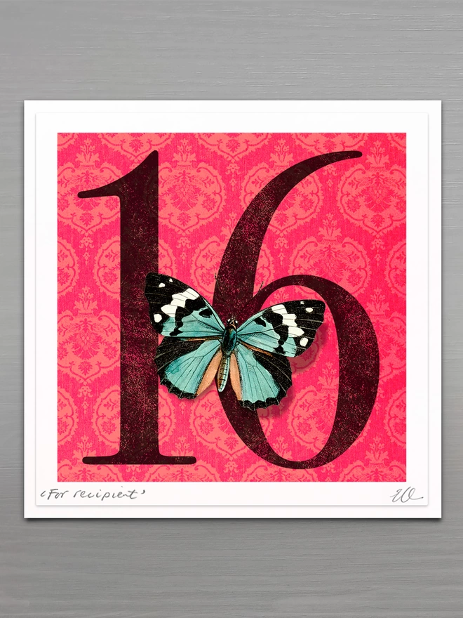 16th birthday butterflygram card with hand cut paper butterfly, personalised and signed