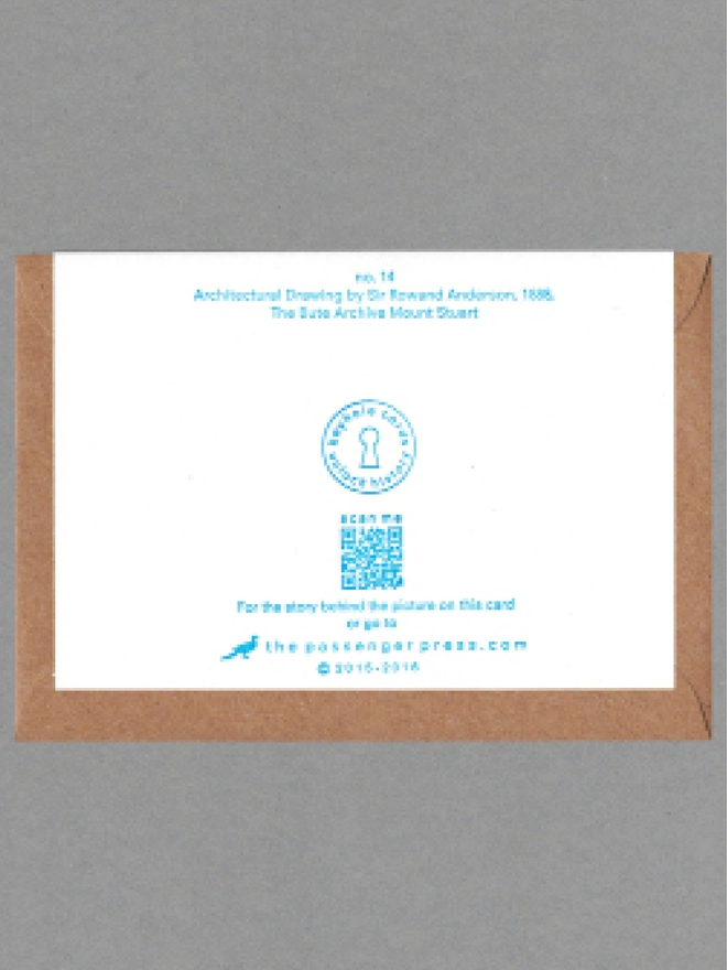 Back face of a white card on a brown envelope. Printed blue text, logo and QR code.