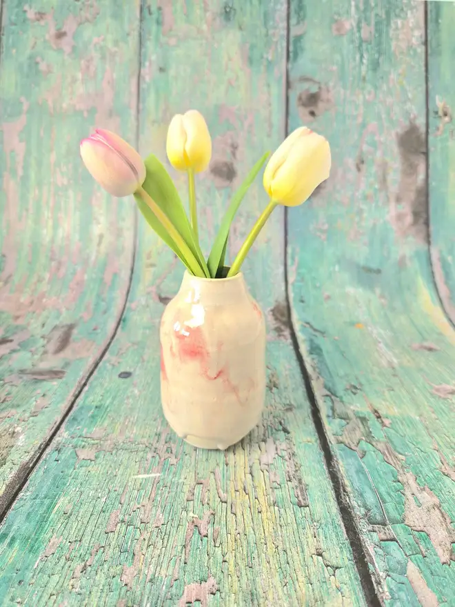 Ceramic mini vase with white and pink, flower vase, floral, Jenny Hopps Pottery