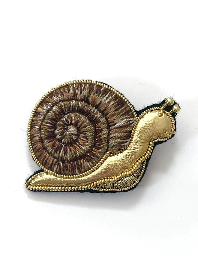 Golden snail brooch on white background