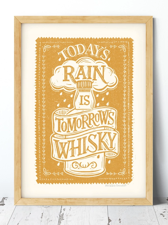 Yellow Scottish Whisky quote print in wood frame
