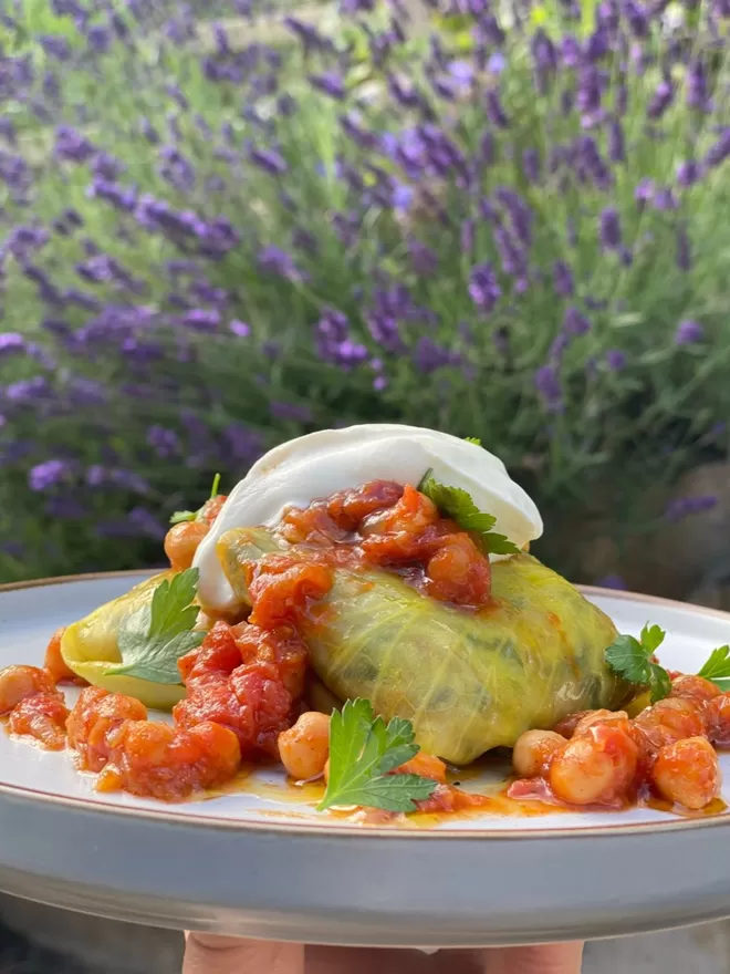stuffed cabbage with tomato chickpeas and rose harissa rub  