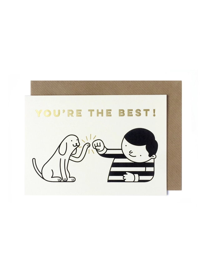 Greeting card featuring a boy and his best dog friend saying "you're the best"
