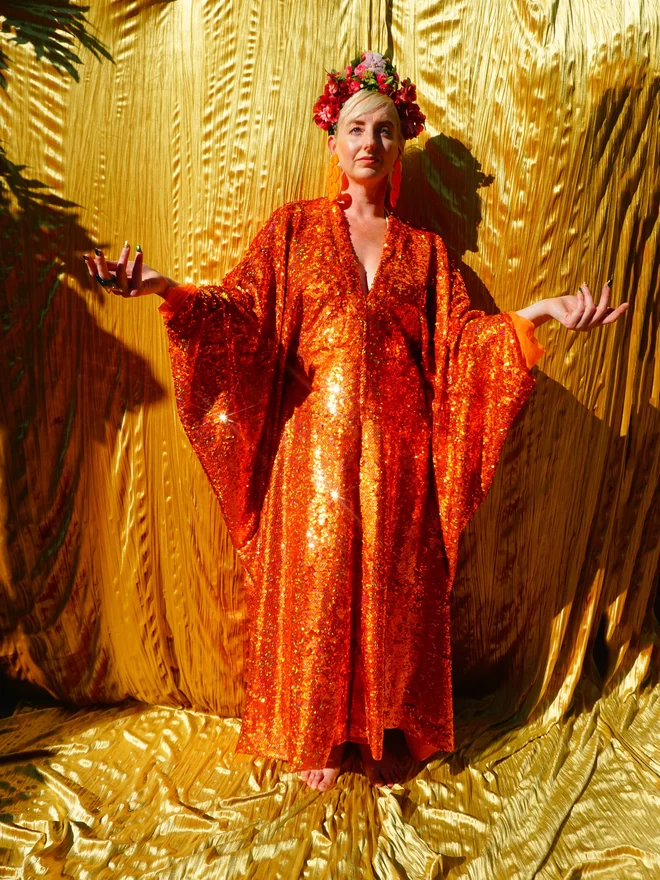 Orange Rust Holographic Sequin V-neck Kaftan Gown