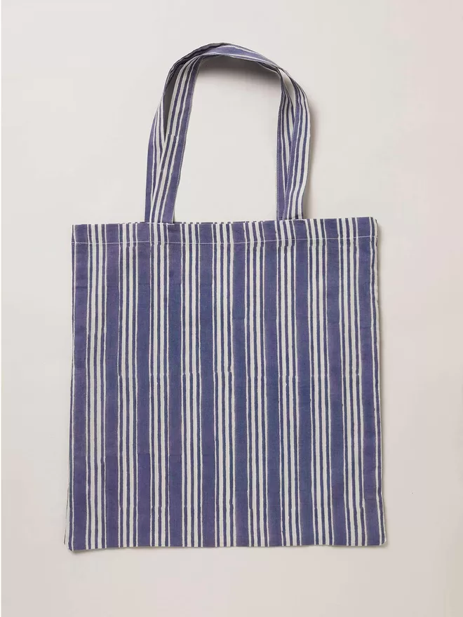 Block printed soft white and navy stripe tote bag 