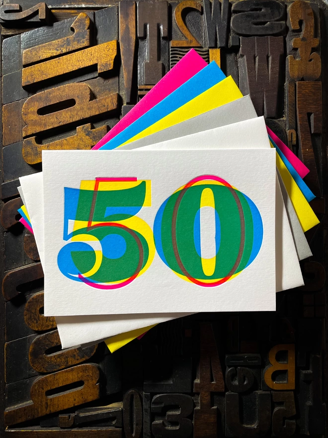 50th birthday anniversary typographic letterpress card. Deep impression print. Unique with no print being the same. They show slight colour variations adding to the style. Also available in other milestones : 1, 2, 3, 16, 18, 30, 40, 50, 60, 70, 80.